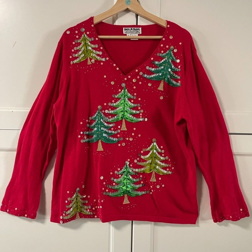 Jack B Quick Womens Red Christmas Tree Sequin Beaded V-Neck Sweater 1XL Holiday